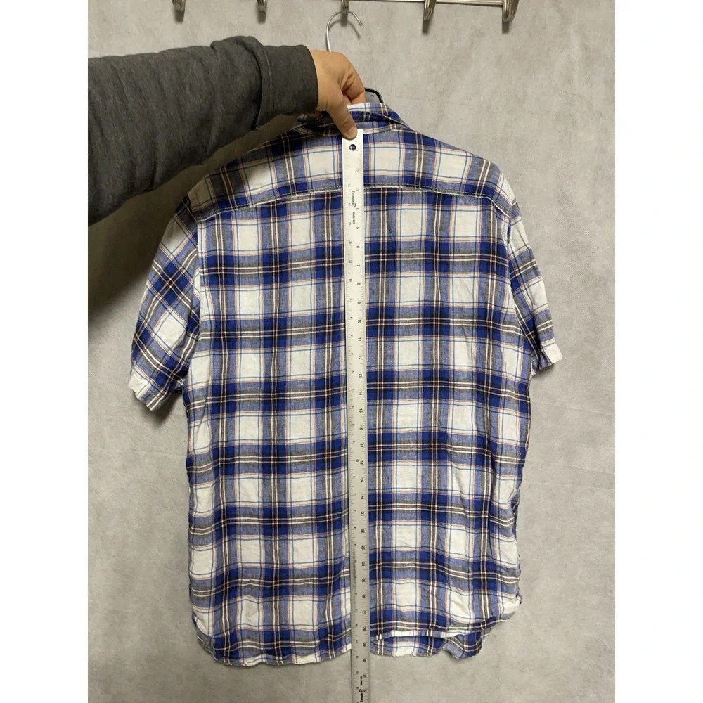 Banana Republic Shirt Men L Blue Plaid Linen Button Up Camden Fit Casual Preppy‎